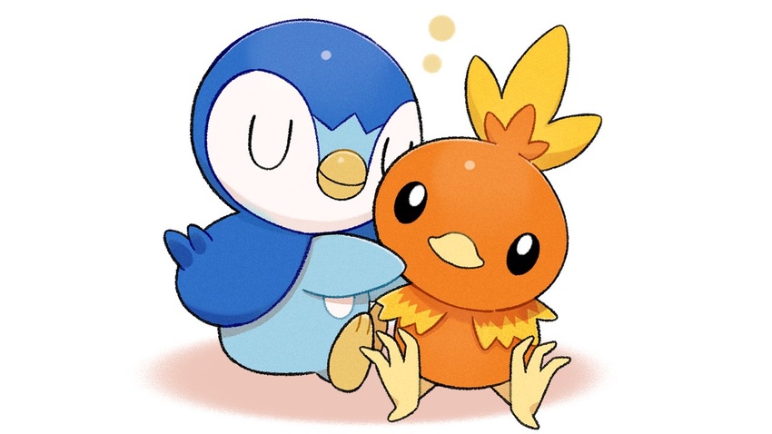 black_eyes closed_eyes closed_mouth commentary_request head_tilt hug looking_at_viewer no_humans official_art piplup pokemon pokemon_(creature) project_pochama sitting toes torchic white_background