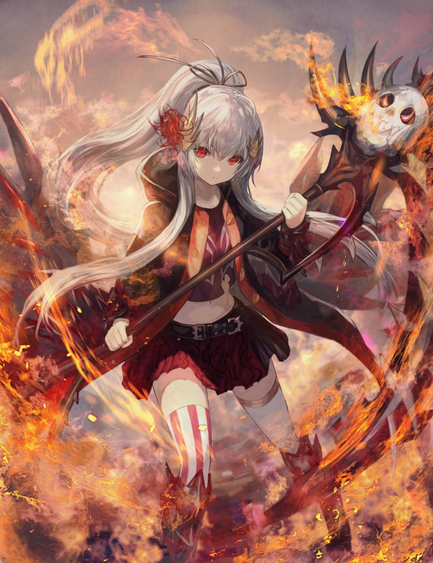 asriel_(othellonia) asymmetrical_legwear closed_mouth commentary_request female fire flower grey_hair hair_flower hair_ornament hair_ribbon highres holding holding_staff holding_weapon long_sleeves looking_at_viewer mismatched_legwear othellonia pale_skin ponytail red_eyes red_flower red_skirt ribbon robe scythe shirataki_jiro shirt sidelocks skirt skull solo spider_lily staff striped_clothes striped_thighhighs t-shirt thighhighs weapon white_thighhighs