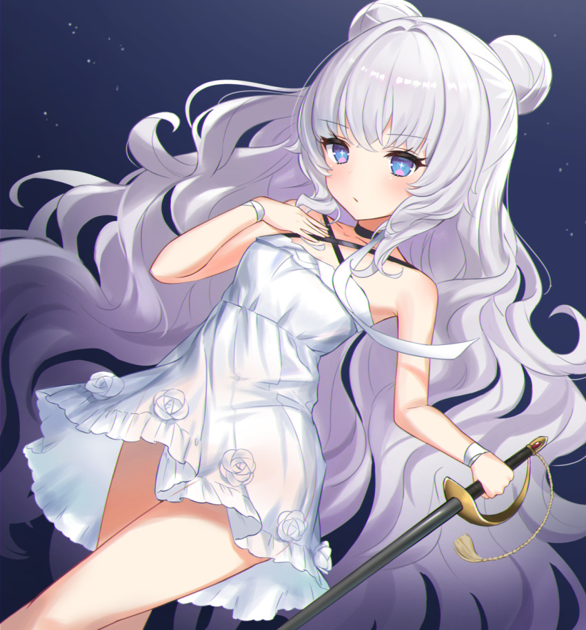 azur_lane blue_eyes commentary double_bun dress female flower hair_bun hand_on_own_chest highres holding holding_sword holding_weapon kiki-yu le_malin_(azur_lane) le_malin_(sleepy_sunday)_(azur_lane) long_hair official_alternate_costume simple_background solo sword weapon white_dress white_hair