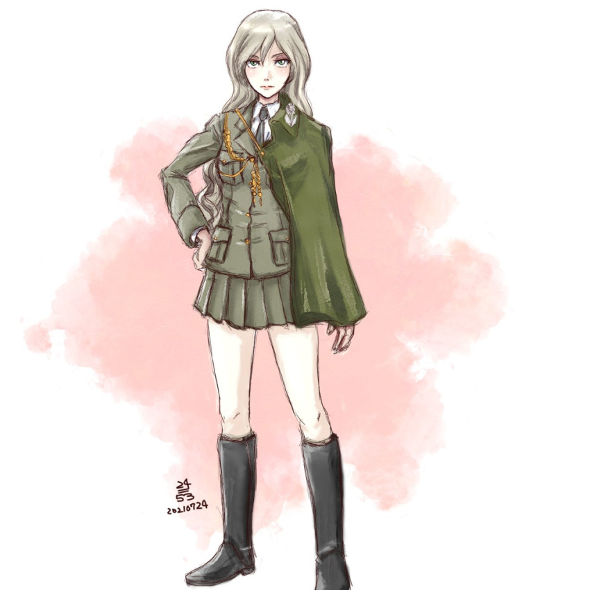 alternate_hairstyle black_footwear black_necktie blonde_hair bonple_military_uniform boots capelet dress_shirt emblem expressionless female fourragere girls_und_panzer girls_und_panzer_ribbon_no_musha green_jacket green_skirt hair_down hand_on_own_hip highres jacket jajka_(girls_und_panzer) knee_boots kneehighs long_hair long_sleeves military military_uniform miniskirt necktie nishi_itsumi pleated_skirt shirt skirt socks solo uniform white_shirt