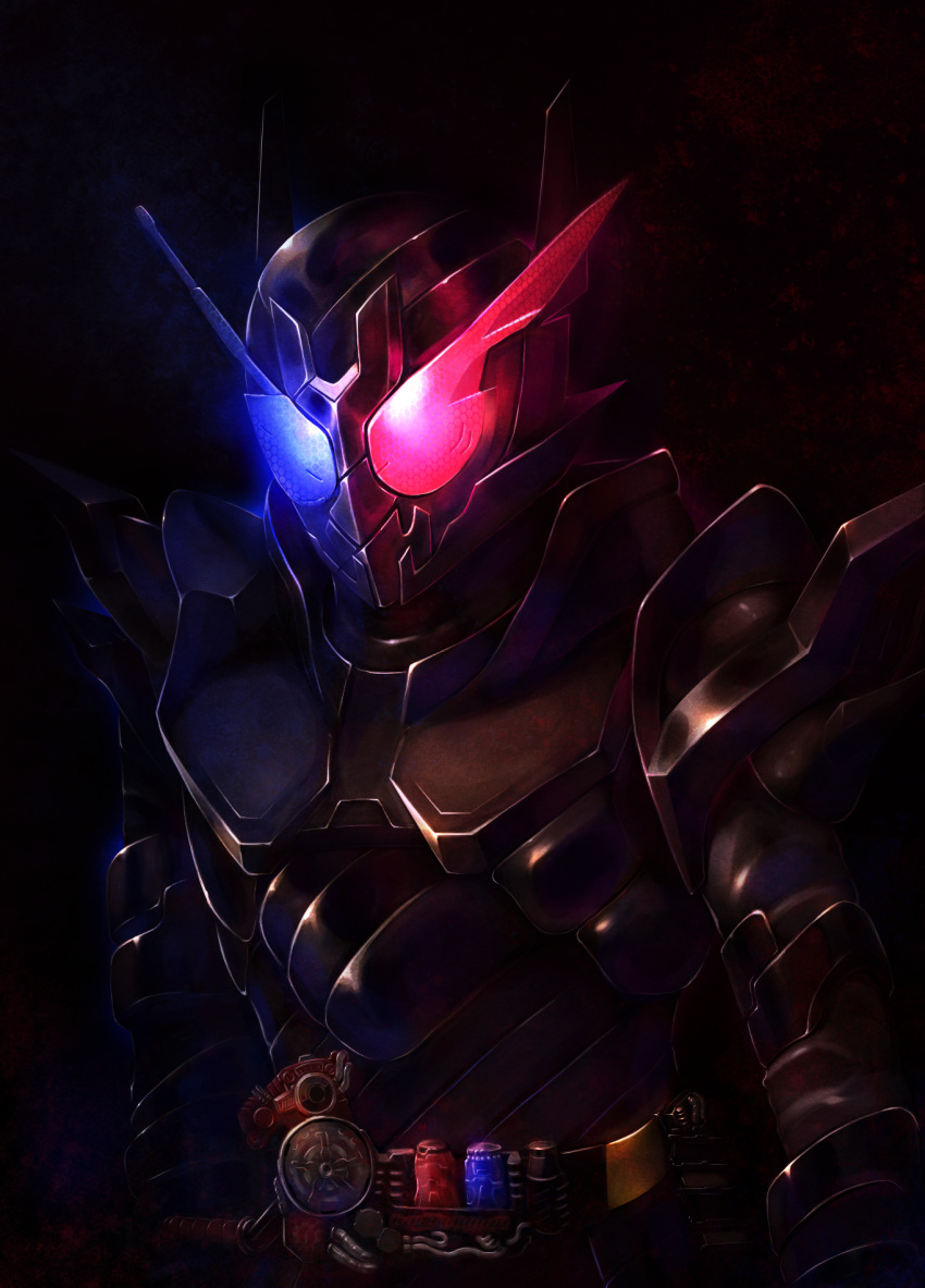 1boy armor black_armor blue_eyes build_driver dark driver_(kamen_rider) fullbottle glowing glowing_eyes hazard_trigger heterochromia highres kamen_rider kamen_rider_build kamen_rider_build_(series) kamishiro_mai_(capti-no) male_focus rabbit+tank_form_(black_hazard) rabbit_fullbottle red_eyes rider_belt tank_fullbottle tokusatsu