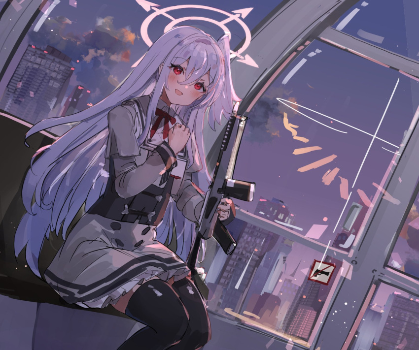 assault_rifle black_thighhighs blue_archive building city cloud commentary_request female gun hair_between_eyes halo head_wings highres holding holding_gun holding_weapon long_hair long_sleeves morning neck_ribbon open_mouth pink_halo red_eyes red_ribbon ribbon rifle sig_mcx single_head_wing sitting sky smile solo suzumi_(blue_archive) the_olphy thighhighs weapon white_hair window wings