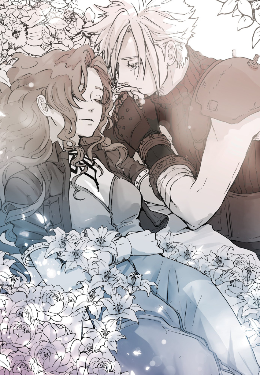 1boy aerith_gainsborough armor asymmetrical_hair bandaged_arm bandages belt bracelet breasts choker cleavage closed_eyes cloud_strife couple cropped_jacket crying curly_hair demi_co dress earrings female final_fantasy final_fantasy_vii flower_bed gloves greyscale hair_down highres holding_hands jewelry kissing kissing_hand long_dress long_hair medium_breasts monochrome parted_bangs shoulder_armor sidelocks single_earring sleeveless sleeveless_turtleneck spiked_hair straight suspenders tears turtleneck upper_body