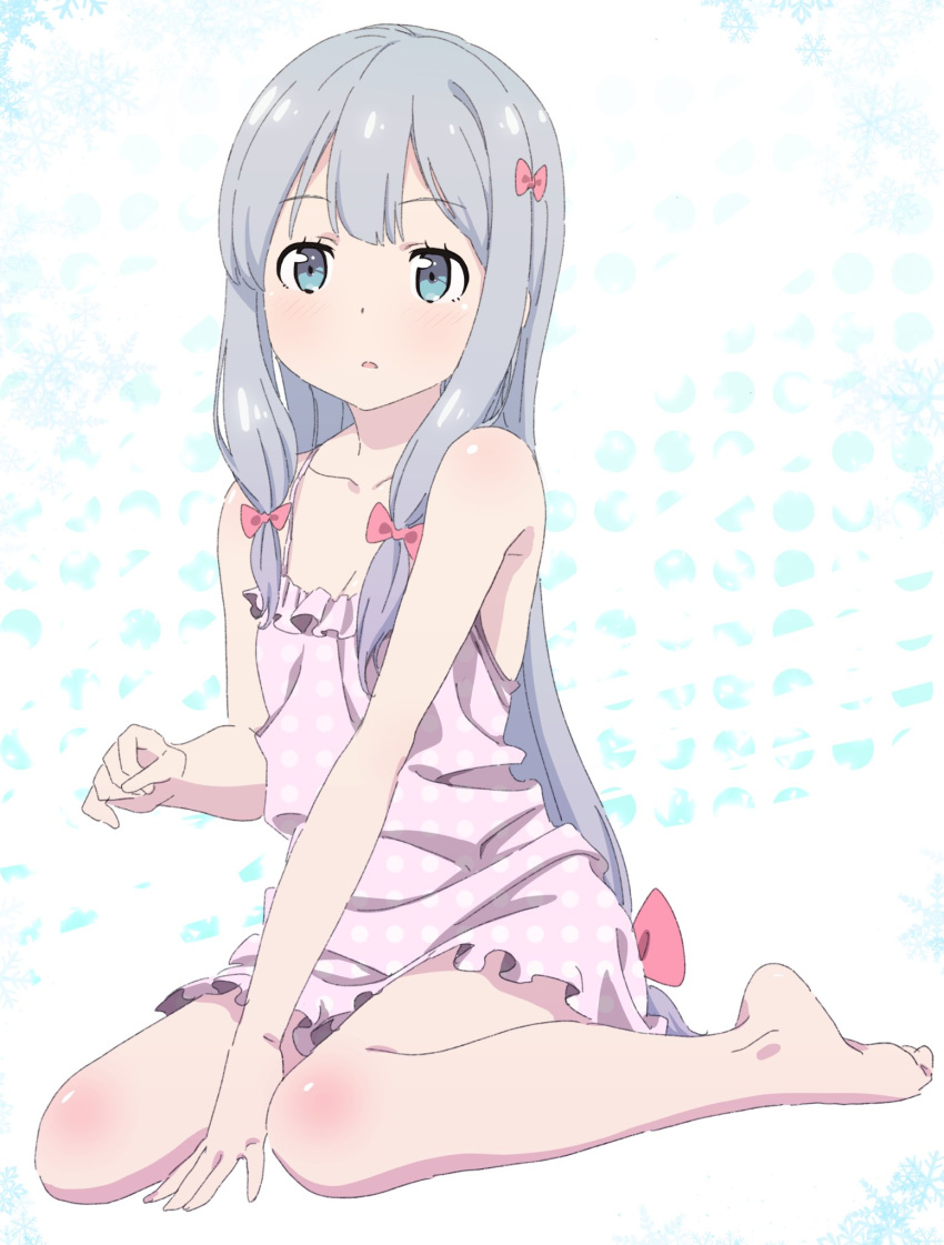 barefoot between_legs blue_eyes bow breasts cleavage collarbone commentary_request eromanga_sensei female full_body grey_hair hairbow hand_between_legs highres izumi_sagiri long_hair looking_at_viewer low-tied_long_hair makicha_(sasurainopink) naked_shirt parted_lips pink_bow pink_shirt polka_dot polka_dot_shirt shiny_skin shirt sitting sleeveless sleeveless_shirt small_breasts solo very_long_hair wariza white_background white_polka_dots