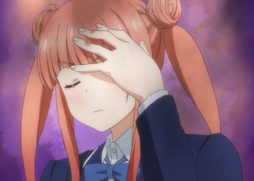 anime_screenshot closed_eyes double_bun facepalm female hair_bun imari_maria kono_bijutsubu_niwa_mondai_ga_aru! orange_hair school_uniform solo twintails