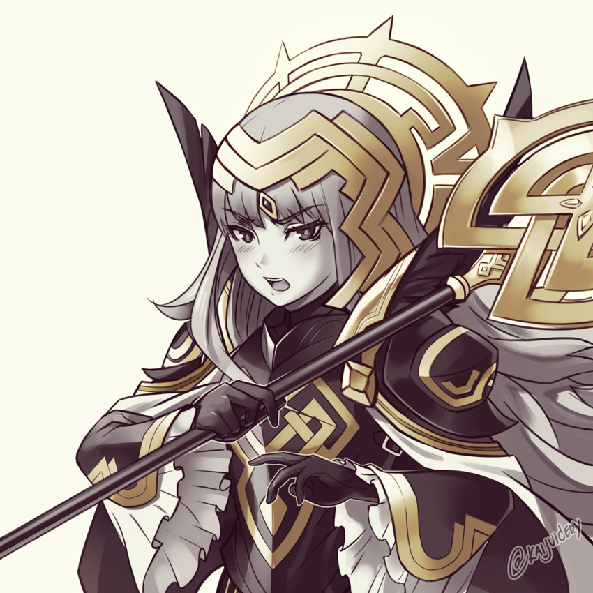 armor black_armor black_gloves commentary crown female fire_emblem fire_emblem_heroes gloves grey_hair hair_ornament holding holding_staff kaijuicery long_hair long_sleeves open_mouth shoulder_armor simple_background solo staff tsundere twitter_username veronica_(brave_princess)_(fire_emblem) veronica_(fire_emblem) white_background