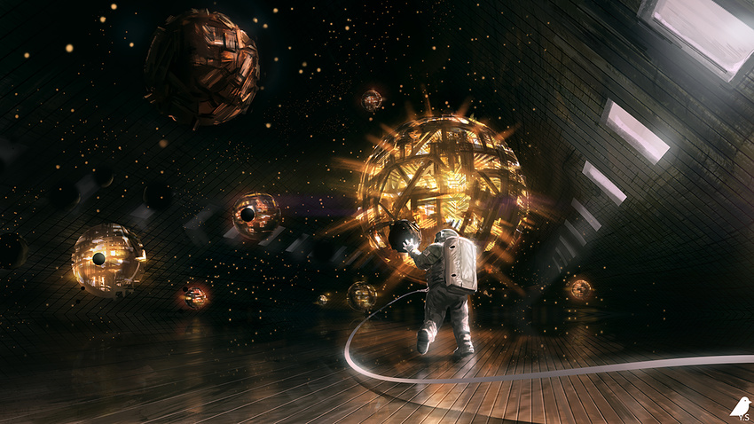 1other astronaut attic bad_id bad_pixiv_id commentary dyson_sphere floating floating_object from_behind full_body gloves glowing helmet indoors light_particles orb scenery scp-100-jp scp_foundation shadow signature solo space spacesuit standing standing_on_one_leg white_gloves window wooden_floor you_shimizu