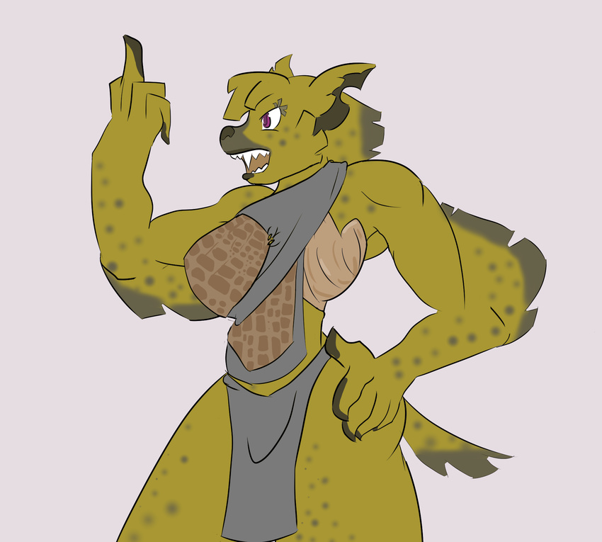 anthro clothed clothing female gesture hand_gesture hi_res hyena leather mammal middle_finger open_mouth purple_eyes scar shoni simple_background solo spotted_hyena tartaurus teeth wounded