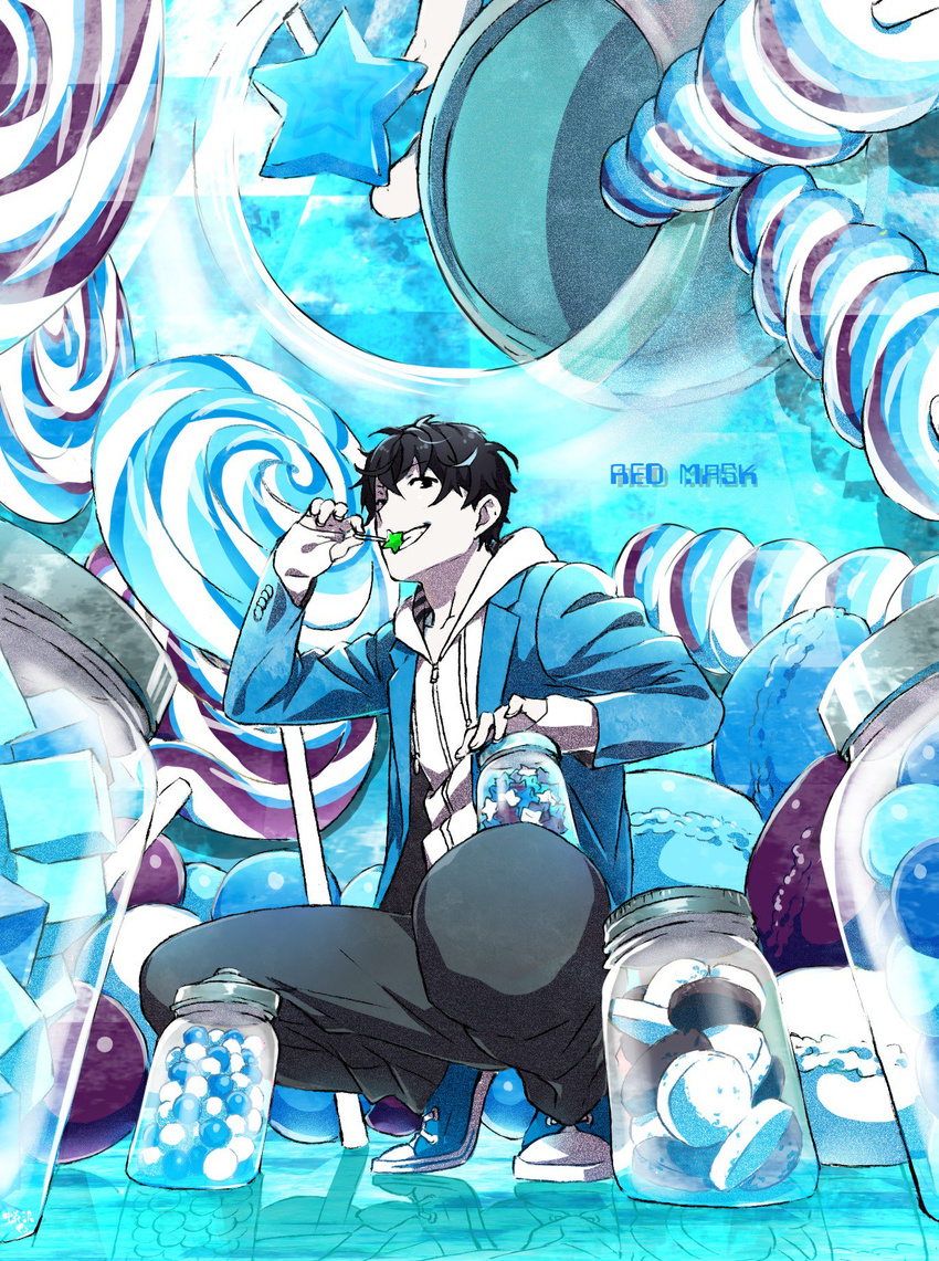 1boy arizuka_(catacombe) bad_id bad_twitter_id black_hair candy candy_jar character_name food from_below grin highres hood hoodie jacket jar konpeitou limited_palette lollipop macaron male_focus open_clothes open_jacket original pale_skin red_mask_(arizuka) reflection shoes smile sneakers solo squatting star_(symbol)