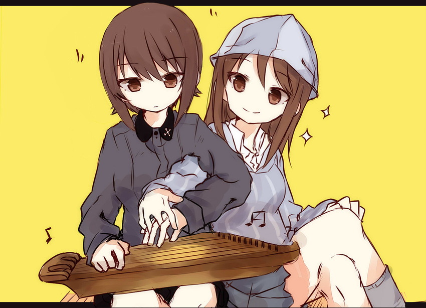 2girls beamed_sixteenth_notes black_skirt blue_headwear blue_shirt brown_eyes brown_hair commentary crossed_legs dress_shirt eighth_note fud girls_und_panzer grey_legwear grey_shirt grey_skirt hat highres holding_hands instrument kantele keizoku_school_uniform kuromorimine_school_uniform long_hair long_sleeves looking_at_another mika_(girls_und_panzer) miniskirt multiple_girls musical_note nishizumi_maho pleated_skirt school_uniform shirt short_hair side-by-side simple_background sitting skirt smile socks sparkle striped_clothes striped_shirt tulip_hat vertical-striped_clothes vertical-striped_shirt white_shirt yellow_background yuri