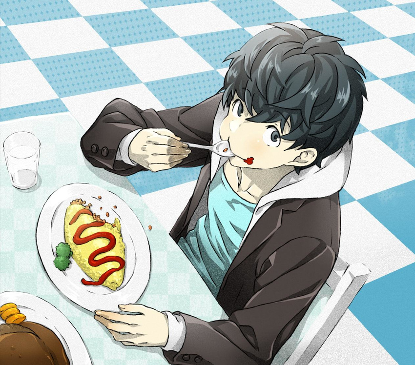 1boy arizuka_(catacombe) bad_id bad_twitter_id black_hair blue_eyes chair checkered_floor cup drinking_glass eating floor food food_on_face from_above hood hood_down hoodie jacket ketchup male_focus omelet omurice open_clothes open_jacket original plate red_mask_(arizuka) solo table turkey_(food)