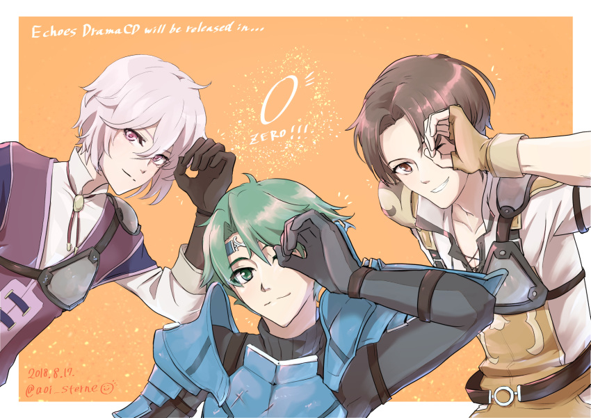 ! !! 3boys alm_(fire_emblem) aoi_(xxxaoi) armor artist_name brown_eyes brown_hair commentary_request copyright_name dated fingerless_gloves fire_emblem fire_emblem_echoes:_shadows_of_valentia gloves green_eyes green_hair highres kliff_(fire_emblem) male_focus multiple_boys one_eye_closed pink_eyes sparkle teeth tobin_(fire_emblem) white_hair