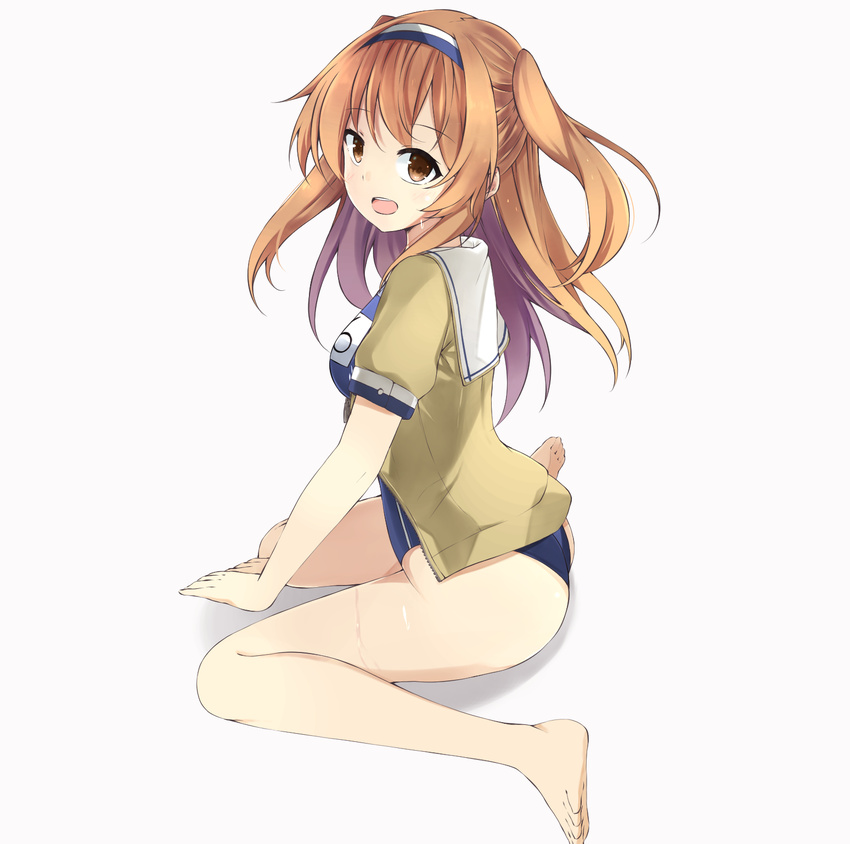 :d ass back bare_arms bare_legs barefoot blush breasts brown_eyes brown_jacket clothes_writing commentary_request competition_school_swimsuit competition_swimsuit female from_side hairband highres i-26_(kancolle) jacket kantai_collection large_breasts light_brown_hair long_hair looking_at_viewer looking_to_the_side medium_breasts myuto_(advent_retribution) name_tag new_school_swimsuit one-piece_swimsuit open_clothes open_jacket open_mouth own_hands_together sailor_collar school_swimsuit short_sleeves simple_background sitting smile solo swimsuit swimsuit_under_clothes two-tone_hairband two_side_up wariza wet white_background