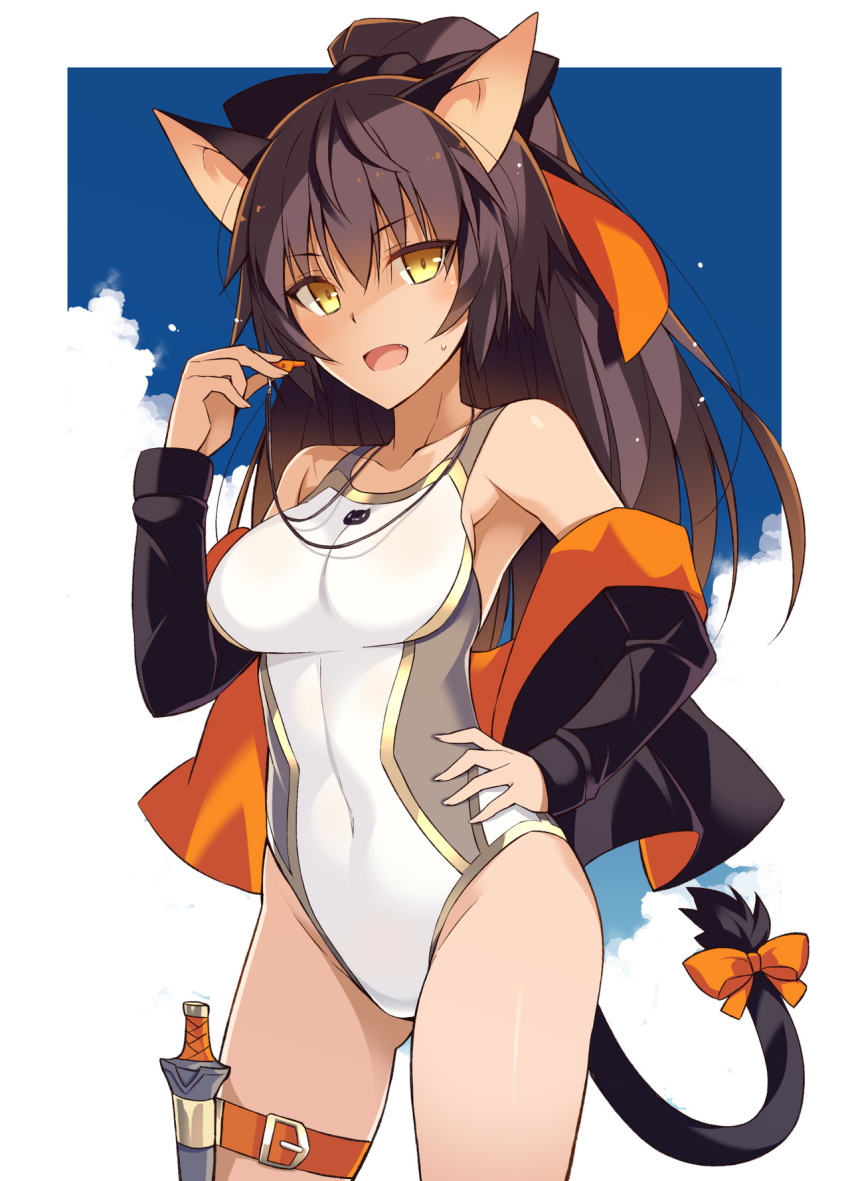 :d animal_ears ass_visible_through_thighs bangs bare_shoulders black_ribbon blue_sky blush breasts brown_hair cat_ears cat_tail cloud competition_swimsuit covered_navel cowboy_shot eyebrows_visible_through_hair hair_ribbon hand_on_hip hand_up highres holding jacket large_breasts leg_belt long_hair long_sleeves looking_at_viewer oerba_yun_fang off_shoulder one-piece_swimsuit oota_yuuichi open_mouth orange_ribbon original ribbon sky smile solo standing sweatdrop swimsuit tail tail_ribbon whistle