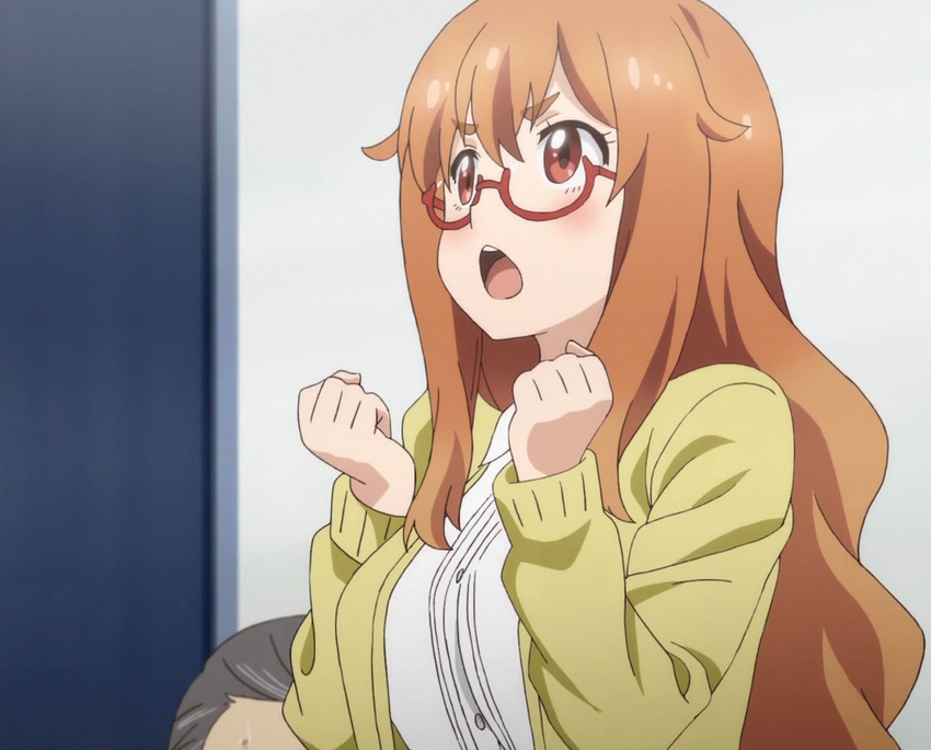 anime_screenshot brown_eyes brown_hair female glasses kono_bijutsubu_niwa_mondai_ga_aru! long_hair solo_focus tachibana_yumeko