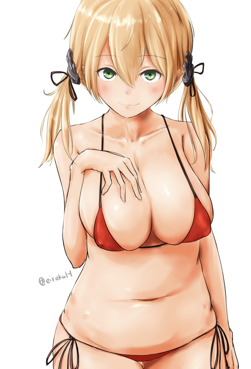 absurdres bikini blonde_hair blush breasts collarbone commentary_request covered_nipples female green_eyes hair_ornament hentai_eikoku_shinshi highres kantai_collection large_breasts long_hair looking_at_viewer low_twintails micro_bikini navel prinz_eugen_(kancolle) red_bikini side-tie_bikini_bottom simple_background smile solo stomach swimsuit twintails twitter_username white_background