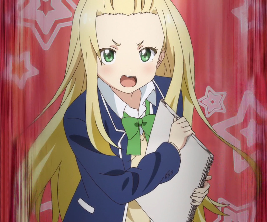 anime_screenshot blonde_hair colette_(kono_bijutsubu_niwa_mondai_ga_aru!) female green_eyes kono_bijutsubu_niwa_mondai_ga_aru! long_hair school_uniform sketchbook solo