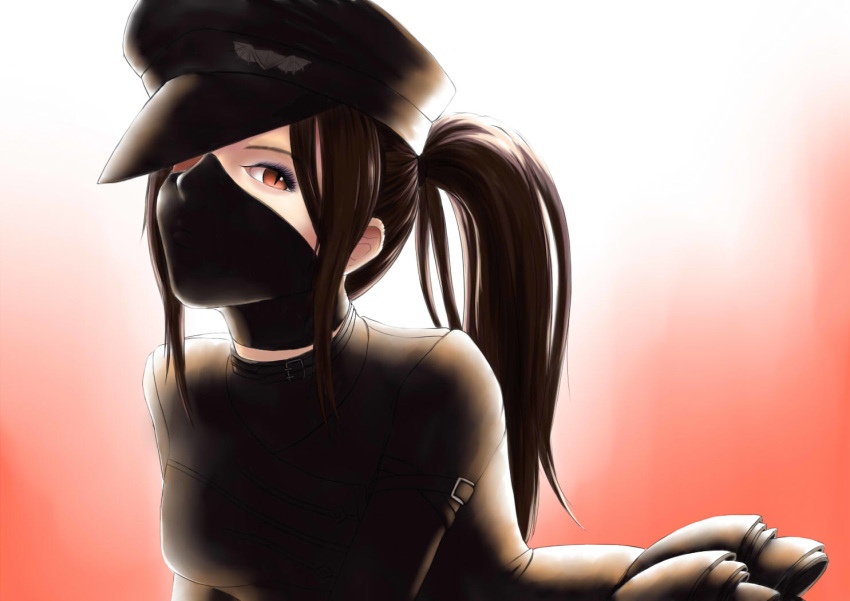 bigkaking38 black_hair black_hat black_jacket black_mask breasts commentary_request covered_mouth eyelashes female hat jacket long_hair looking_at_viewer mabinogi mabinogi_heroes mask medium_breasts mouth_mask ponytail red_eyes simple_background skirt slit_pupils solo succubus_(mabinogi) two-tone_background upper_body