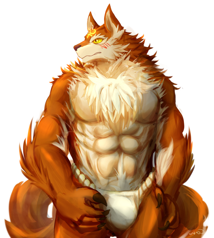 2015 5_fingers abs absurd_res anthro asian_clothing canid canine chest_tuft claws clothed clothing deity east_asian_clothing egyptian_mythology fd-caro fingers fundoshi fur hi_res japanese_clothing male mammal middle_eastern_mythology multicolored_body multicolored_fur muscular muscular_anthro muscular_male mythology puzzle_and_dragons set_(deity) set_(puzzle_and_dragons) simple_background solo standing topless tuft two_tone_body two_tone_fur underwear white_background yellow_eyes