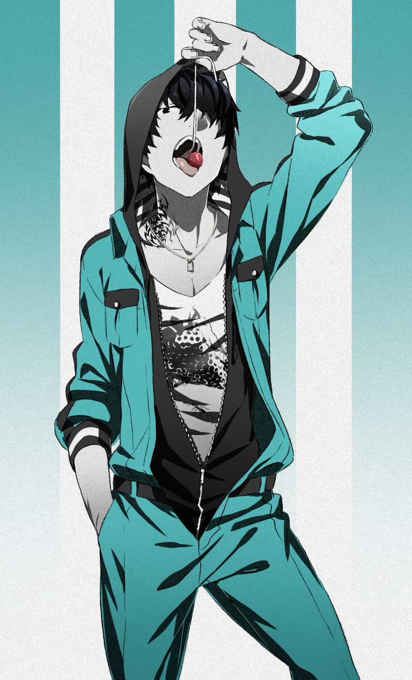 1boy arizuka_(catacombe) bad_id bad_twitter_id black_hair blue_background contrapposto cowboy_shot eating food fruit grey_eyes hand_in_pocket highres hood hoodie jewelry jumpsuit male_focus necklace open_mouth original pale_skin patterned_background red_mask_(arizuka) solo standing strawberry striped striped_background tattoo unzipped vertical_stripes