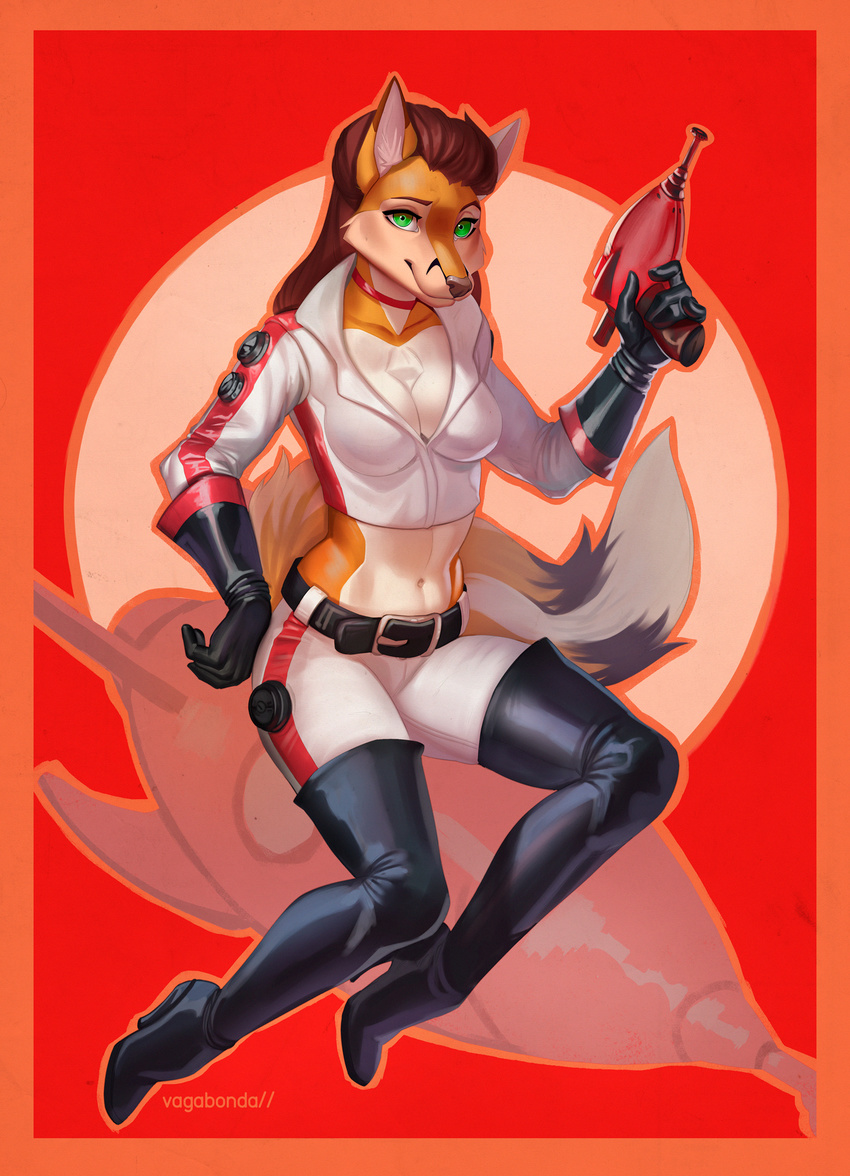 5_fingers alternate_species anthro boots breasts brown_hair canid canine cleavage clothed clothing fallout female fingers fluffy fluffy_tail footwear fox fur furrification gloves green_eyes gun hair handwear hi_res high_heeled_boots high_heels holding_gun holding_object holding_ranged_weapon holding_weapon legwear looking_at_viewer mammal microsoft midriff navel nuka-girl_(fallout) ranged_weapon raygun red_fox retrofuturism smile solo tail the_thirst_zapper_(raygun) thigh_boots thigh_highs true_fox vagabondbastard weapon wide_hips