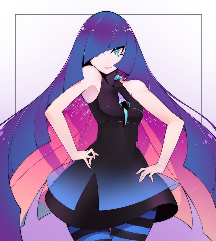 alternate_color alternate_hair_color bare_shoulders blue_eyes breasts colored_inner_hair commentary_request cosplay female hair_over_one_eye halphelt hands_on_own_hips highres long_hair looking_at_viewer lusamine_(pokemon) md5_mismatch multicolored_hair panty_&_stocking_with_garterbelt pantyhose pokemon pokemon_sm sleeveless small_breasts solo stocking_(psg) stocking_(psg)_(cosplay) striped_clothes striped_pantyhose