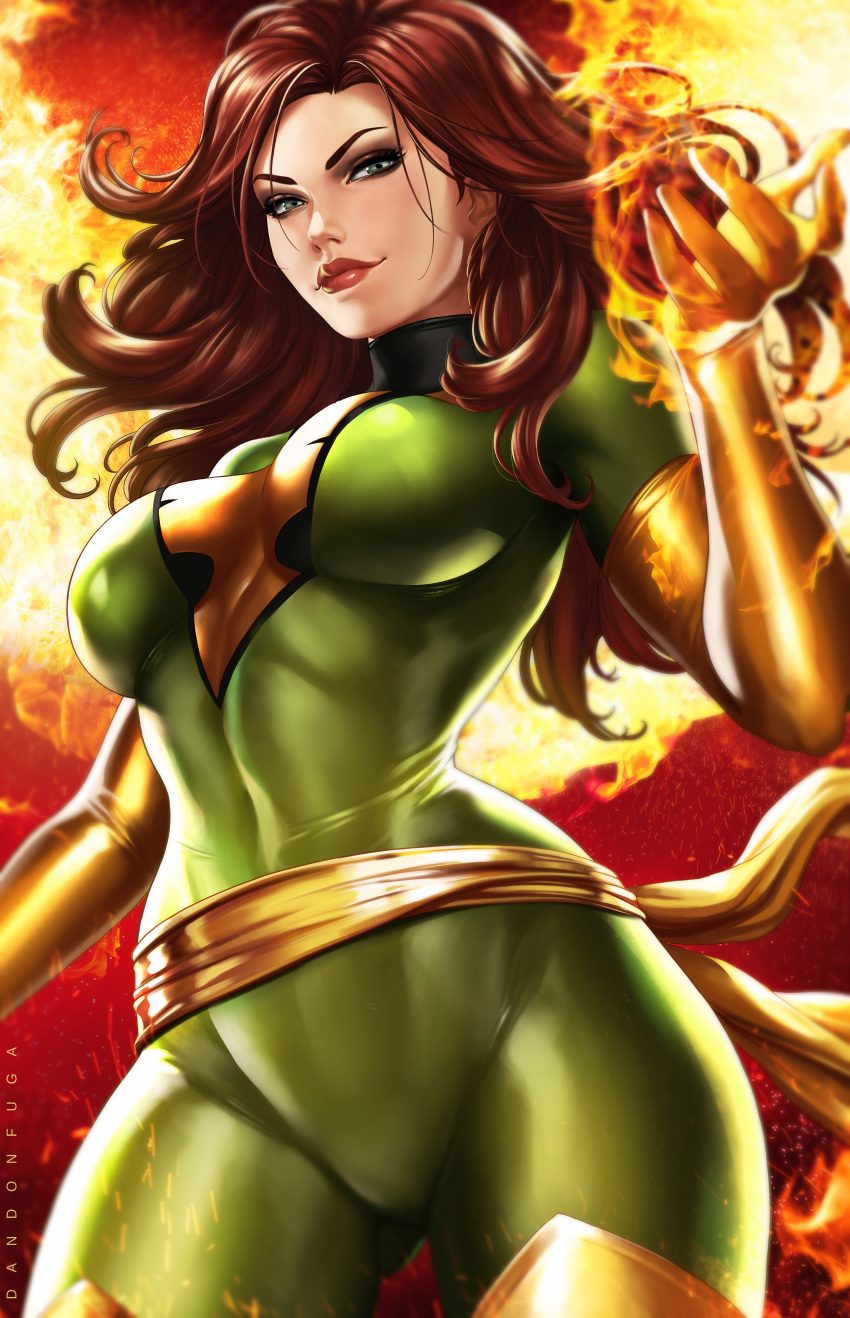 absurdres arm_up artist_name black_eyes bodysuit breasts brown_hair closed_mouth cowboy_shot dandon_fuga female fire gloves green_clothes groin highres jean_grey legs lips lipstick long_hair looking_at_viewer magic makeup marvel medium_breasts phoenix_(x-men) red_lips simple_background smile solo standing thighs wavy_hair x-men