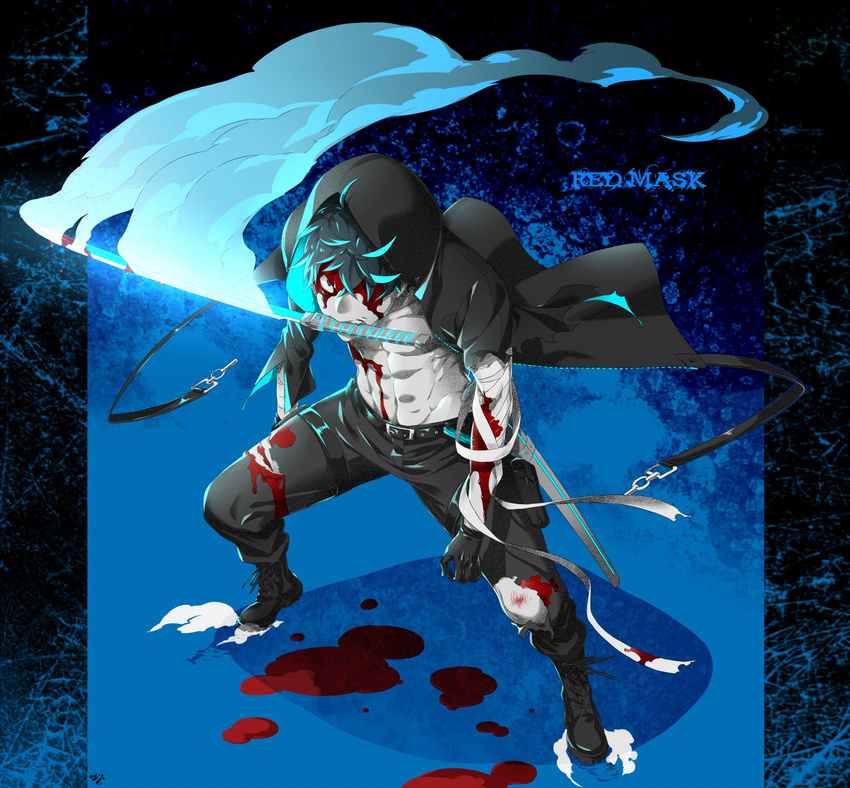 1boy arizuka_(catacombe) bad_id bad_twitter_id bandages belt black_hair blood blood_on_clothes blood_on_face blood_on_weapon blue_background boots character_name cuts glowing grey_eyes highres hood hoodie injury katana looking_at_viewer looking_up male_focus mouth_hold muscular original pectorals red_mask_(arizuka) solo sword weapon