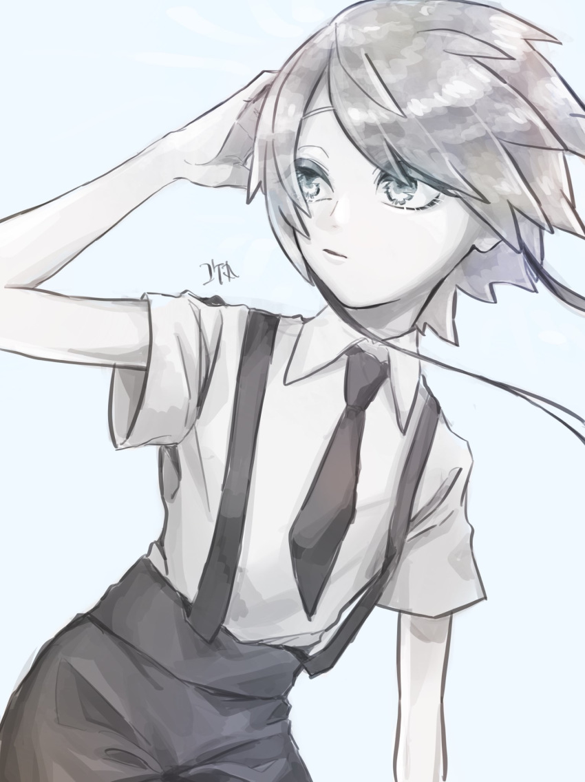 1other androgynous bad_id bad_twitter_id colored_eyelashes gem_uniform_(houseki_no_kuni) ghost_quartz_(houseki_no_kuni) grey_eyes grey_hair highres houseki_no_kuni kokemaru_(12tama02) looking_away necktie other_focus short_hair short_hair_with_long_locks solo suspenders upper_body white_hair