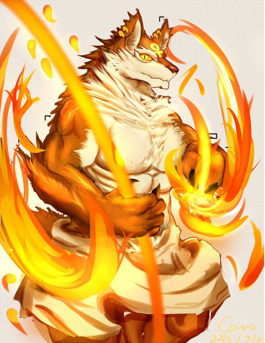 2015 5_fingers abs absurd_res anthro canid canine claws clothed clothing deity egyptian_mythology fd-caro fingers fur hi_res male mammal middle_eastern_mythology multicolored_body multicolored_fur muscular muscular_anthro muscular_male mythology puzzle_and_dragons set_(deity) set_(puzzle_and_dragons) solo standing topless two_tone_body two_tone_fur yellow_eyes