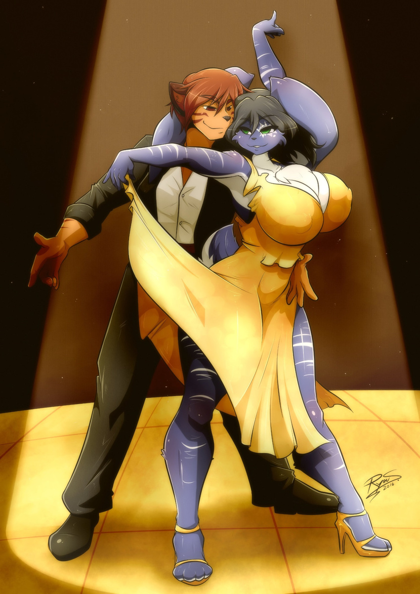 anthro big_breasts breasts claude_(flafty) clothing dancing duo felid feline female hi_res huge_breasts lagomorph leporid mammal mrsakai rabbit sapphire_(flafty)