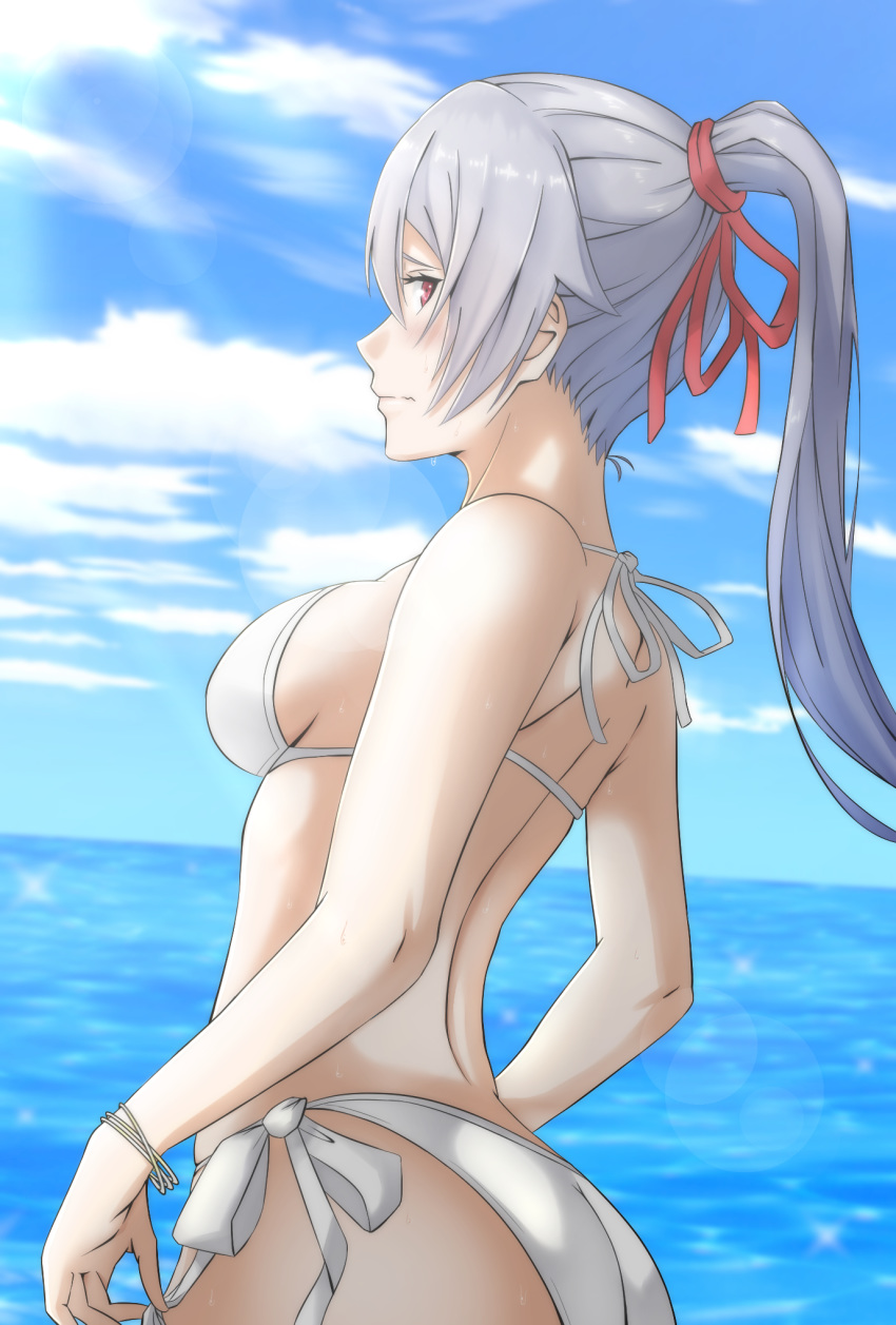 ass back bikini blush bracelet breasts commentary embarrassed fate/grand_order fate_(series) female grey_hair hair_ribbon highres jewelry lens_flare long_hair looking_at_viewer looking_to_the_side mebi_il ocean ponytail red_eyes red_ribbon ribbon side-tie_bikini_bottom sideboob small_breasts solo sweat swimsuit tomoe_gozen_(fate) untying wavy_mouth white_bikini