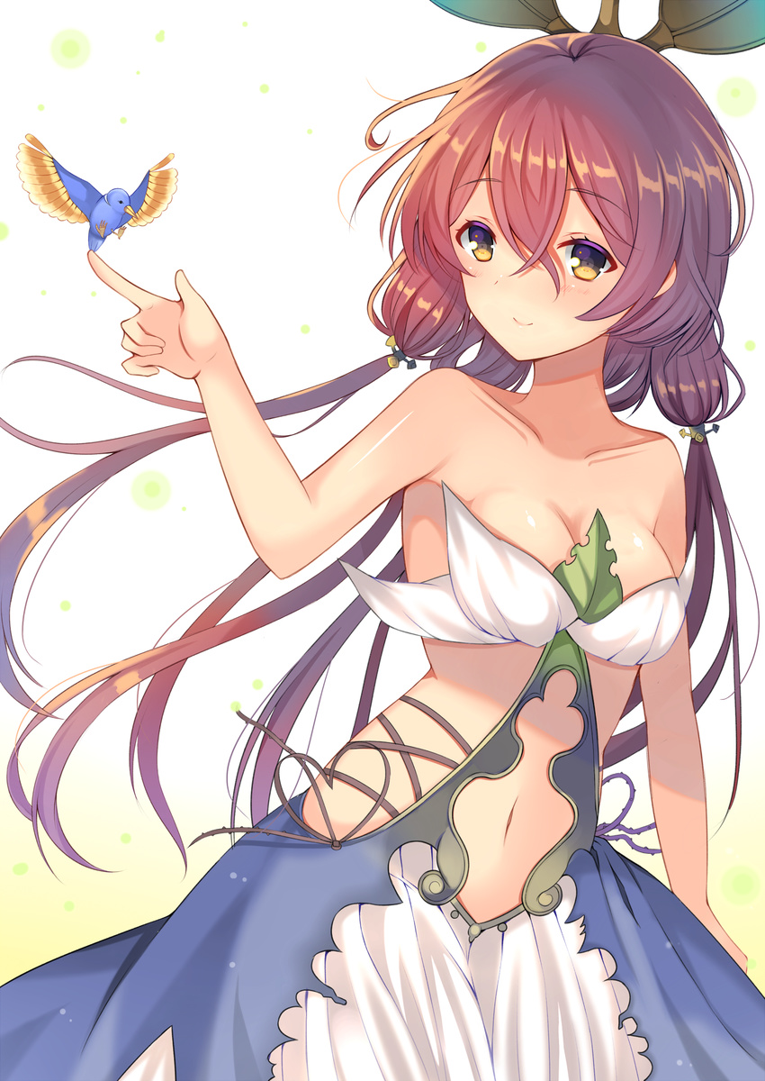 animal aozora_nan bare_shoulders bird bird_on_hand blush breasts cleavage closed_mouth clothing_cutout collarbone commentary_request dress eyebrows female gradient_background granblue_fantasy hair_between_eyes highres index_finger_raised leaf long_hair low_twintails monster_girl navel navel_cutout orange_eyes pink_hair plant plant_girl small_breasts smile solo strapless strapless_dress thorns twintails vines yggdrasil_(granblue_fantasy)