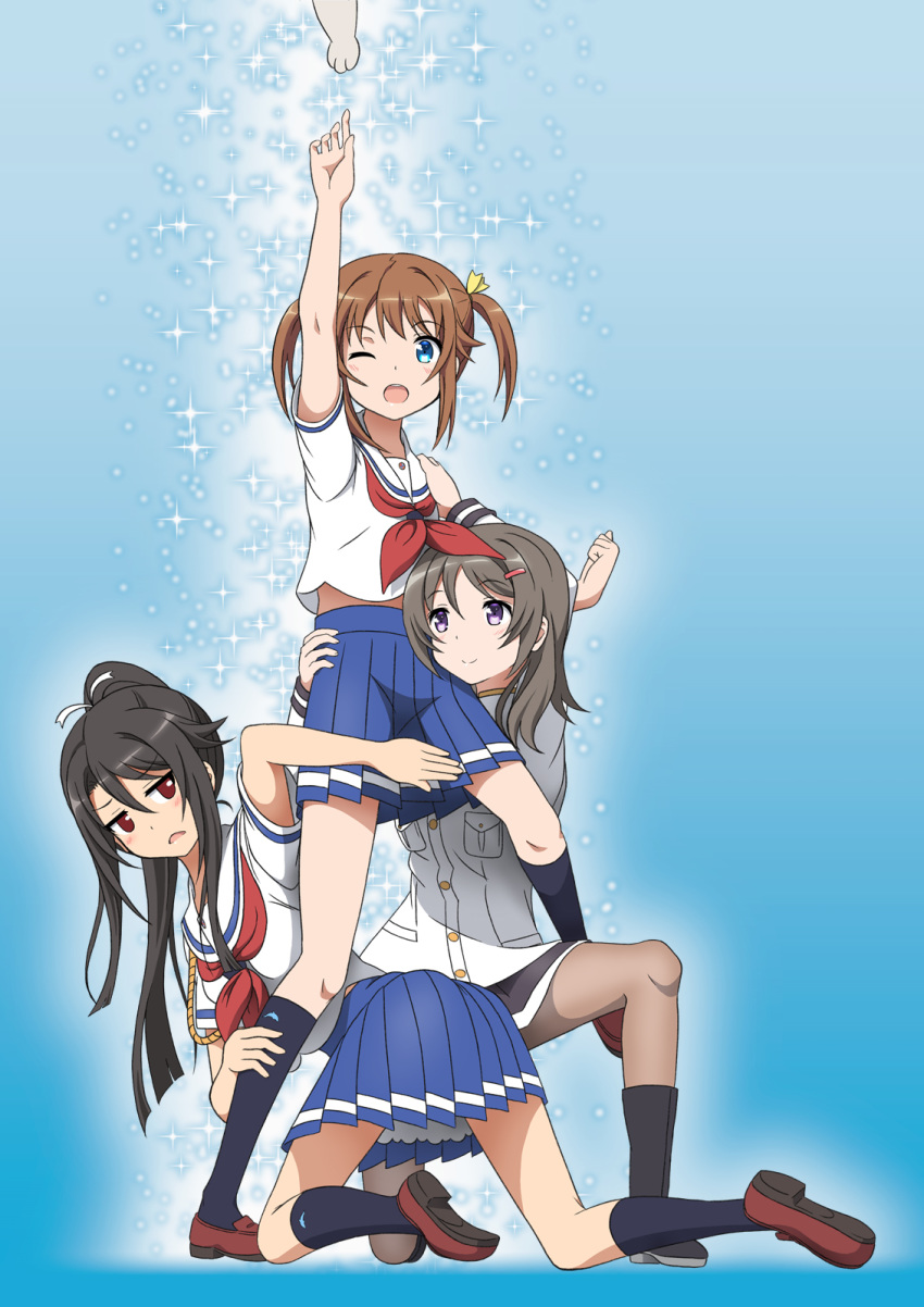 3girls animal_hands black_hair black_legwear blue_background blue_eyes brown_footwear brown_hair china_moeka commentary_request gundam gundam_narrative high_school_fleet highres hiraizumi_(mugenkidousha) isoroku_(haifuri) kneehighs loafers long_hair looking_at_viewer meme military military_uniform misaki_akeno multiple_girls munetani_mashiro narrative_formation neckerchief one_eye_closed parody pleated_skirt pointing pointing_up ponytail pose purple_eyes red_eyes red_neckerchief rope sailor_collar school_uniform serafuku shoes short_hair short_sleeves single_stripe skirt socks twintails uniform white_sailor_collar yokosuka_girls_marine_high_school_uniform