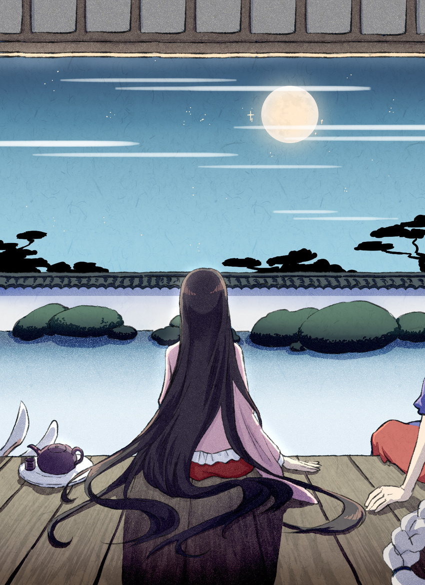 2girls animal_ears black_hair braid commentary_request cup from_behind full_moon highres houraisan_kaguya long_hair long_sleeves moon multiple_girls night night_sky photoshop_(medium) rabbit_ears reisen_udongein_inaba shirt sitting skirt sky teacup teapot touhou veranda very_long_hair wall wei_li wide_sleeves yagokoro_eirin yellow_moon