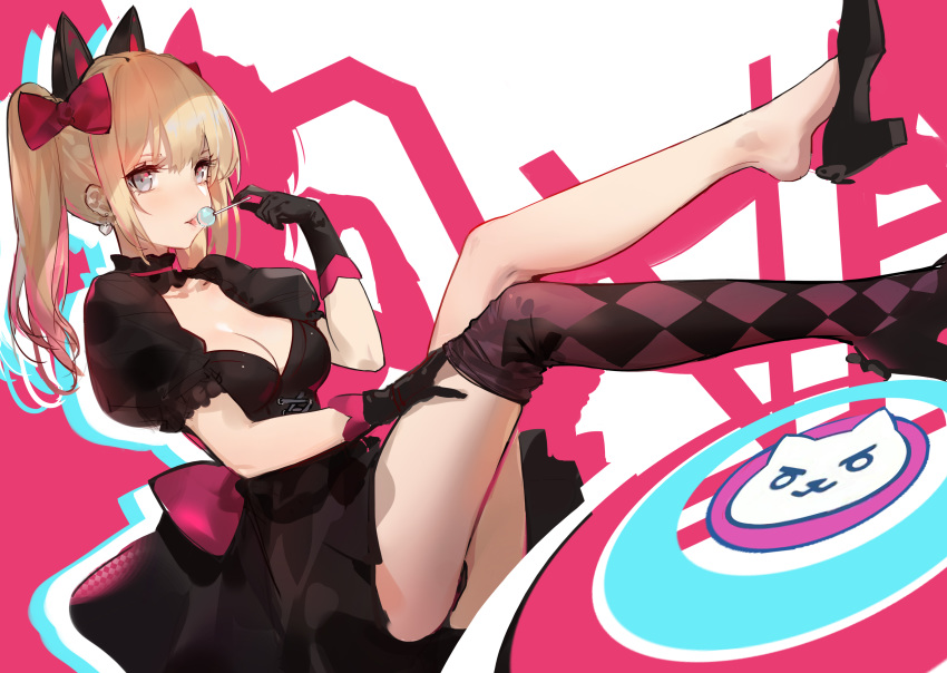 absurdres animal_ears argyle_clothes argyle_legwear ass black_cat_d.va black_dress black_footwear black_gloves black_thighhighs blonde_hair bow breasts brown_thighhighs candy cat_ears choker cleavage collarbone commentary_request corset d.va_(overwatch) dress earrings facial_mark female food gloves grey_eyes hairbow heart heart_earrings high_heels highres jewelry kincora legs legs_up licking lolita_fashion lollipop long_hair long_legs looking_at_viewer medium_breasts official_alternate_costume overwatch overwatch_1 photoshop_(medium) pink_bow puffy_short_sleeves puffy_sleeves short_sleeves solo thighhighs thighhighs_pull tongue tongue_out twintails two-tone_legwear whisker_markings