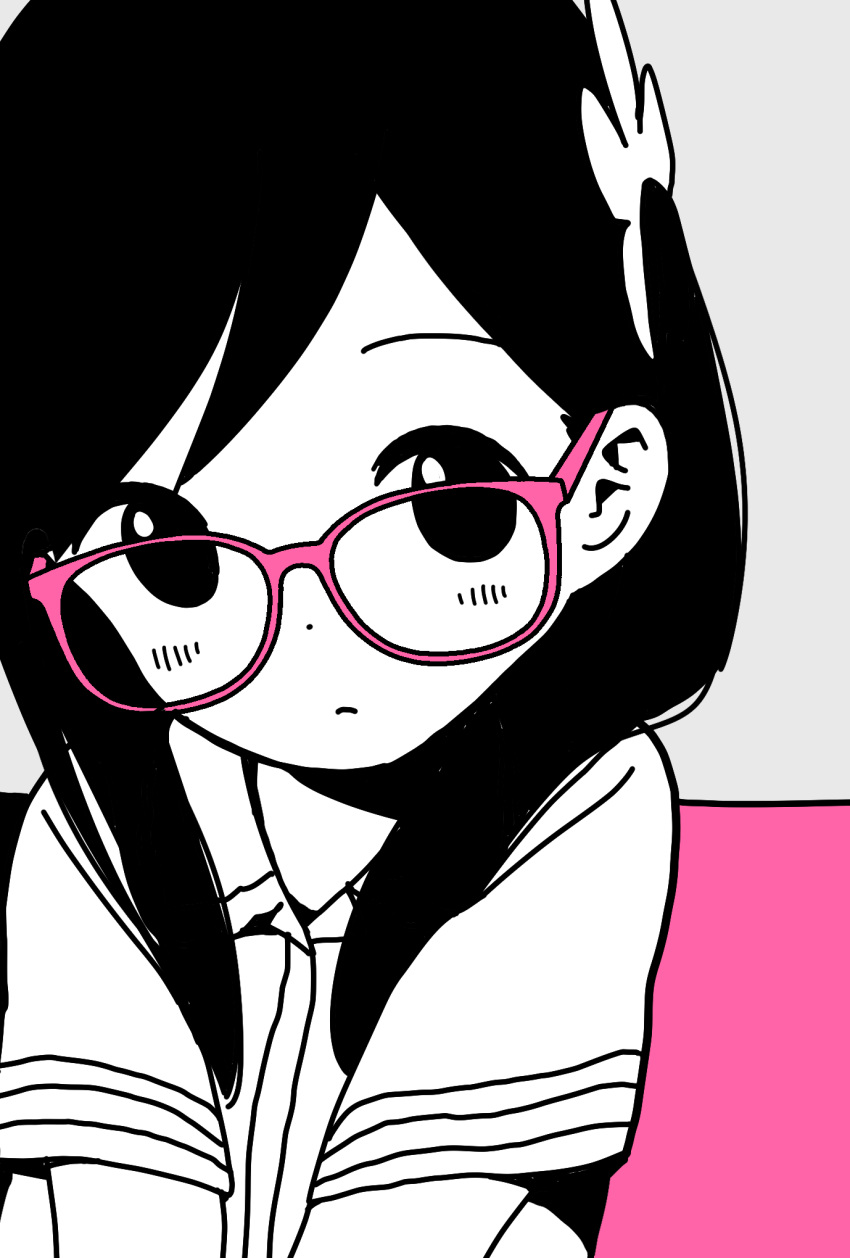 bespectacled blush closed_mouth collared_shirt commentary_request dot_nose female flower frown glasses grey_background hair_flower hair_ornament highres hitori_bocchi hitoribocchi_no_marumaru_seikatsu katsuwo_(cr66g) long_hair looking_at_viewer partially_colored pink-framed_eyewear pink_theme school_uniform shirt short_sleeves side_ponytail simple_background solo upper_body