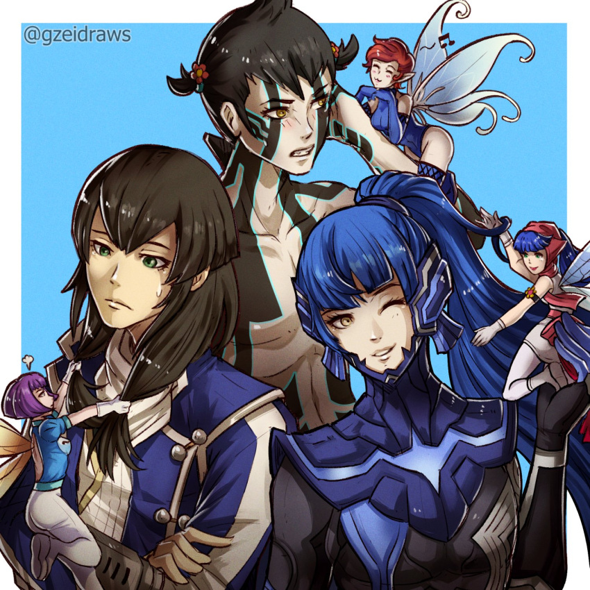 androgynous armor bare_shoulders black_hair blue_eyes blush bowl_cut brown_hair crossover curly_hair demi-fiend elbow_gloves english_commentary eyelashes fairy fairy_wings flynn_(megami_tensei) full-body_tattoo gloves gzei hat highres in-franchise_crossover leotard long_hair male_focus mini_person minigirl multiple_boys multiple_girls pixie_(megami_tensei) pointy_ears ponytail protagonist_(smtv) purple_hair red_eyes shin_megami_tensei shin_megami_tensei_iii:_nocturne shin_megami_tensei_iv shin_megami_tensei_v short_hair simple_background smile tattoo thighhighs topless_male twintails very_long_hair wings yellow_eyes