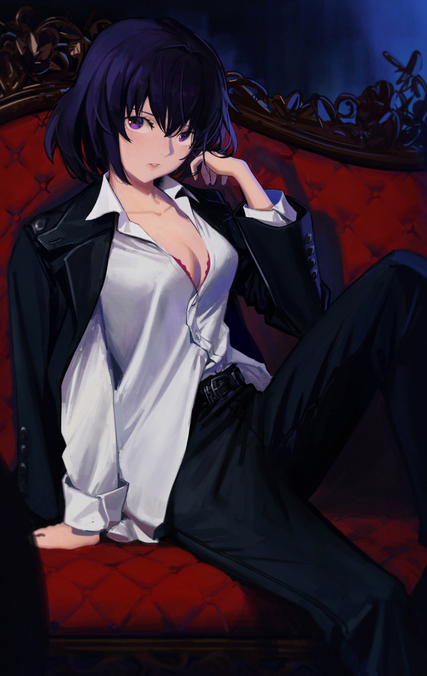 08191224k absurdres arm_at_side arm_support belt black_jacket black_pants bob_cut breasts chain_sumeragi cleavage collarbone collared_shirt couch dark dress_shirt feet_out_of_frame female hand_up highres indoors jacket jacket_on_shoulders kekkai_sensen long_sleeves looking_at_viewer outstretched_arm pants parted_lips partially_unbuttoned purple_eyes purple_hair shirt shirt_partially_tucked_in short_hair sitting sleeves_rolled_up solo white_shirt