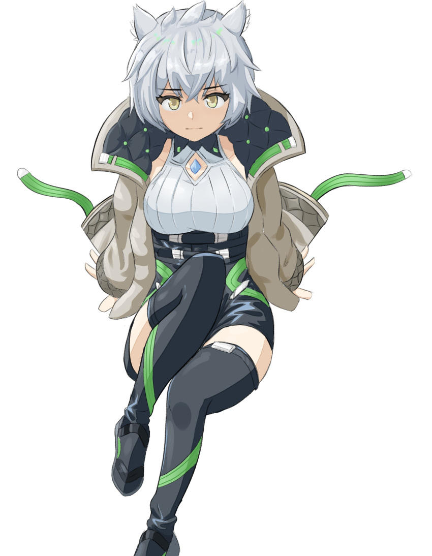 absurdres animal_ears breasts cat_ears cat_girl chest_jewel clothing_cutout core_crystal_(xenoblade) crystal diamond_cutout female fingerless_gloves gloves high-waist_shorts highres holilights looking_at_viewer medium_breasts messy_hair na'el_(xenoblade) romper short_hair short_shorts shorts simple_background solo thighhighs thighs xenoblade_chronicles_(series) xenoblade_chronicles_3 xenoblade_chronicles_3:_future_redeemed yellow_eyes