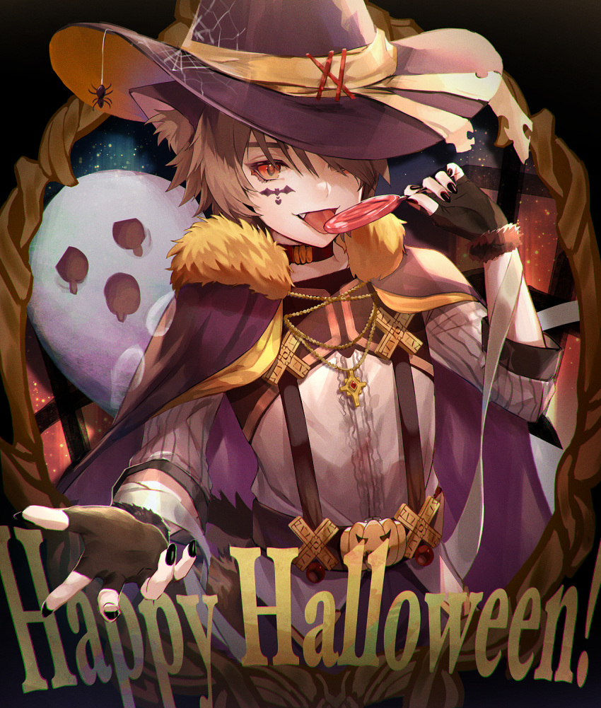 1boy animal_ears belt black_nails brown_hair candy choker coat cross eating facial_mark food fur_coat fur_collar fur_trim ghost gloves halloween hat highres jewelry lollipop male_focus necklace oerba_yun_fang orange_eyes original pants penguu_(green528) shirt tongue tongue_out wolf_boy wolf_ears