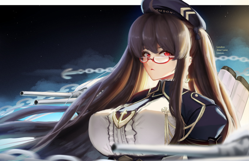 alternate_breast_size anchor_symbol artillery artist_name azur_lane beret breasts brown_hair chains character_name commentary english_commentary female framed_breasts hat highres huge_breasts jacket lieeux london_(azur_lane) london_(retrofit)_(azur_lane) long_hair looking_at_viewer night night_sky purple_hat purple_jacket red-framed_eyewear red_eyes semi-rimless_eyewear shirt sky solo turret upper_body very_long_hair white_shirt