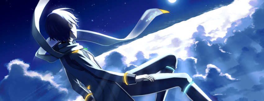 1boy above_clouds backlighting blue_footwear blue_hair blue_pants blue_scarf boots cloud coat commentary floating from_behind kaito_(vocaloid) kaito_(vocaloid3) knee_boots male_focus neon_trim nokuhashi pants scarf star_(sky) sun vocaloid white_coat