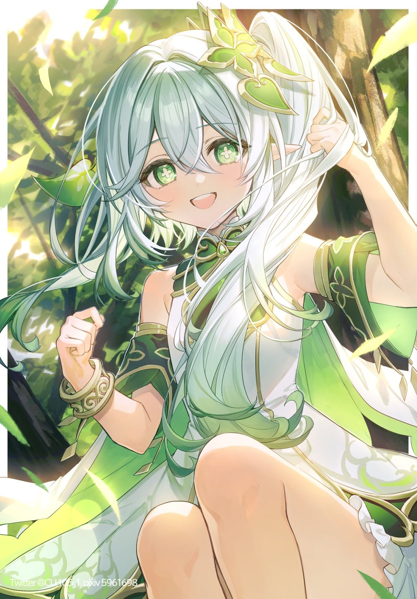 :d armpit_peek bare_shoulders bloomers blush bracelet cape coyucom cross-shaped_pupils detached_sleeves dress female genshin_impact gradient_hair green_cape green_eyes green_sleeves hair_between_eyes hair_ornament highres jewelry knees leaf long_hair looking_at_viewer multicolored_hair nahida_(genshin_impact) pointy_ears side_ponytail sidelocks smile solo symbol-shaped_pupils underwear white_bloomers white_dress white_hair