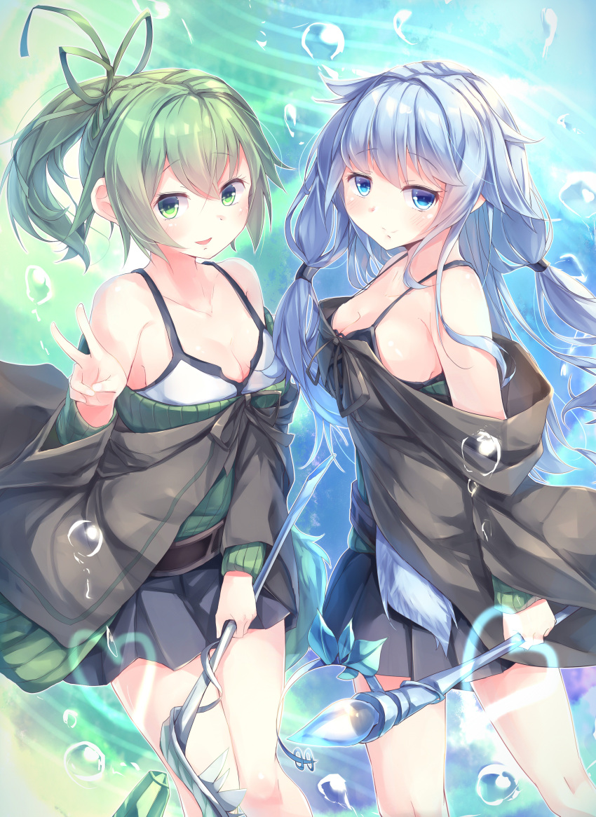 2girls absurdres blue_eyes blue_hair blush breasts brown_robe cleavage closed_mouth collarbone duel_monster eria_(yu-gi-oh!) eria_the_water_charmer green_eyes green_hair green_ribbons highres hooded_robe kanzakietc long_hair medium_breasts medium_hair medium_skirt multiple_girls open_mouth ponytail ribbon robe skirt staff v wynn_(yu-gi-oh!) wynn_the_wind_charmer yu-gi-oh!