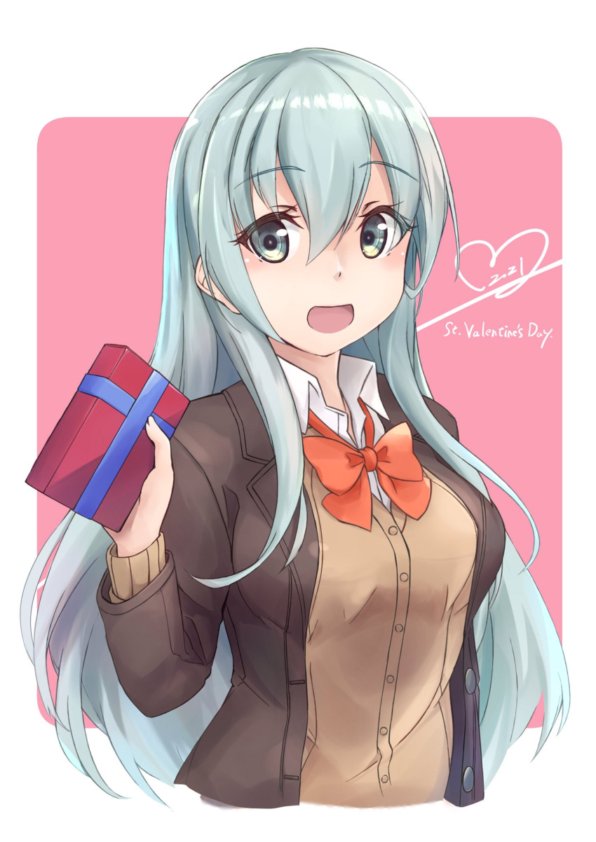 2021 blouse blush box brown_jacket buttons female gift gift_box green_eyes green_hair hair_between_eyes highres holding holding_gift jacket kantai_collection long_hair long_sleeves minosu neck_ribbon open_mouth red_ribbon ribbon school_uniform shirt smile solo suzuya_(kancolle) suzuya_kai_ni_(kancolle) upper_body valentine white_shirt