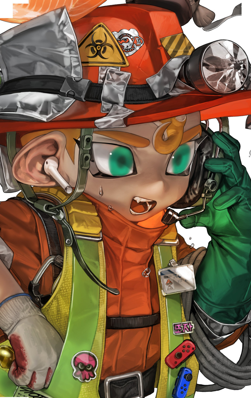 1boy absurdres asymmetrical_gloves blue_eyes bluetooth_headset commentary_request fangs fire_helmet firefighter firefighter_jacket flashlight headset highres jacket korean_commentary male_focus nintendo_switch octoling octoling_boy octoling_player_character open_mouth orange_hair salmon_run_(splatoon) simple_background solo splatoon_(series) splatoon_3 teeth tentacle_hair tto_ja white_background wireless_earphones