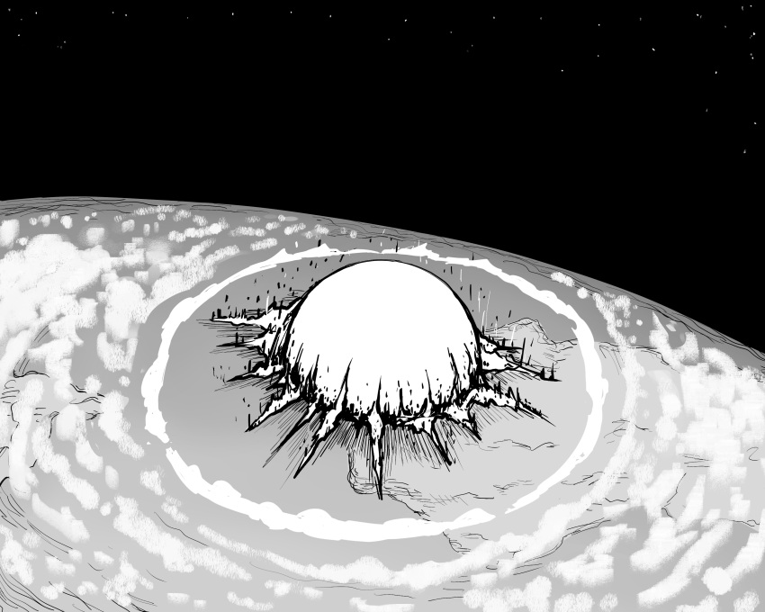 absurdres bad_end bb_(baalbuddy) destruction dragon_ball dragon_ball_fighterz english_commentary explosion explosion_gag greyscale highres monochrome no_humans original planet shockwave space star_(sky)