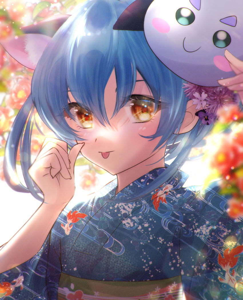 animal_ear_fluff animal_ears animal_print blue_hair blue_kimono blurry blurry_foreground cat_ears closed_mouth egasumi extra_ears female fish_print floating_hair flower hair_between_eyes highres japanese_clothes kimono long_hair looking_at_viewer minccino7 precure print_kimono prunce_(precure) red_flower solo star_twinkle_precure tongue tongue_out upper_body yellow_eyes yukata yuni_(precure)