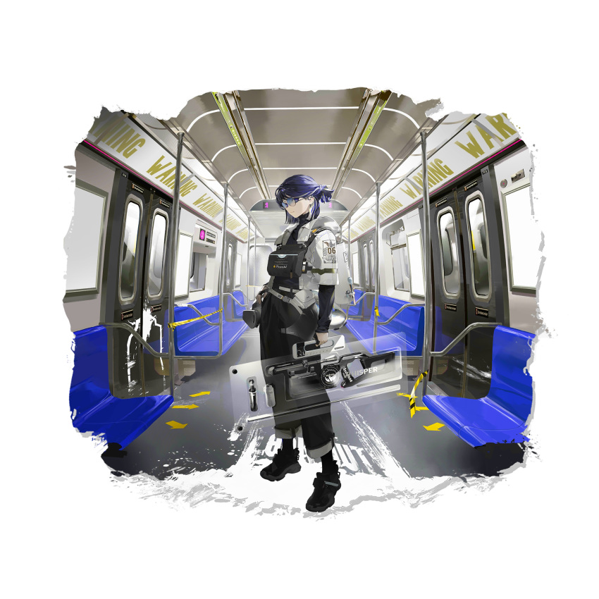 andreana_(arknights) andreana_(silent_arrow)_(arknights) arknights bespectacled black_footwear black_pants door female full_body glasses highres holding jacket llc long_sleeves looking_at_viewer official_alternate_costume official_art pants pouch purple_eyes purple_hair shoes short_hair solo standing train_interior transparent_background white_jacket